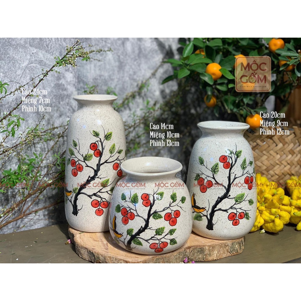 Bộ 3 Lọ hoa gốm sứ vẽ tay men lạnh - Bát Tràng Mộc Gốm MG24