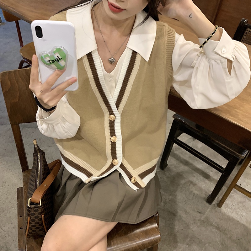 Áo khoác len không tay cổ chữ V màu sắc tương phản thời trang | BigBuy360 - bigbuy360.vn