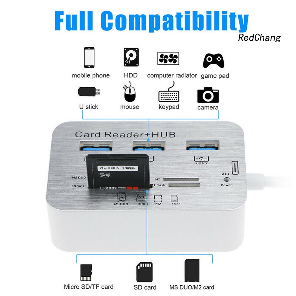 -SPQ- Multi-in-1 3 Ports USB 3.0 High Speed Hub Adapter with MS SD M2 TF Card Reader