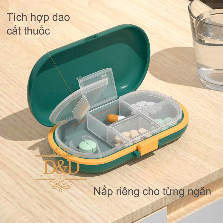 Hộp đựng thuốc 4 ngăn tích hợp dao cắt thuốc tiện lợi