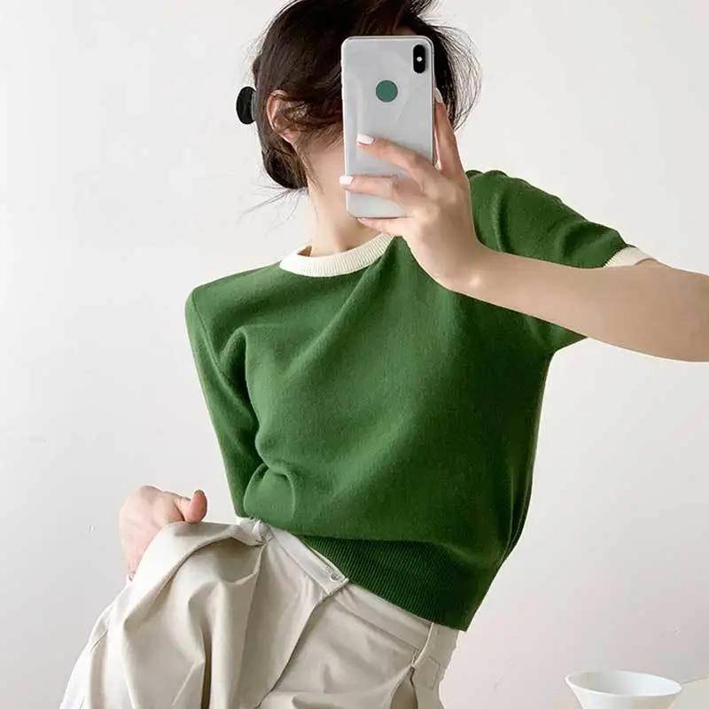 Áo Sweater Tay Ngắn Cổ Tròn Màu Sắc Tương Phản Phong Cách Retro