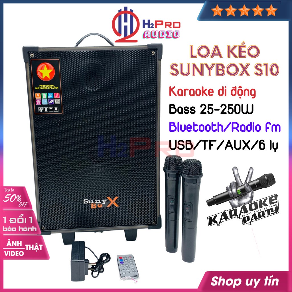 Loa kéo karaoke, loa karaoke bluetooth gia đình SUNYBOX GJ-S10 bass 25-250W-hát hay, tặng 2 mic không dây-Shop H2pro