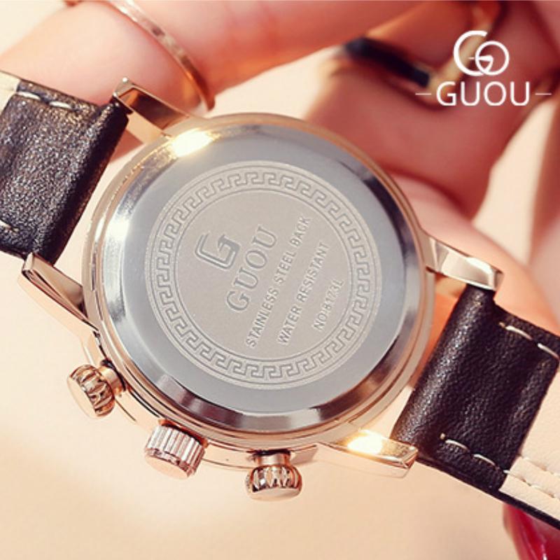 Đồng hồ đeo tay nữ chính hãng Guou dây da có lịch đẹp viền vàng chống nước 8173