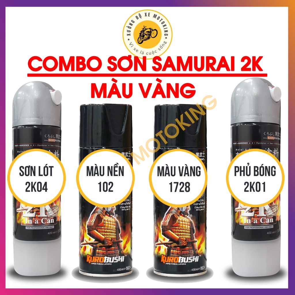 Combo Sơn Samurai màu vàng 1728 loại 2K chuẩn quy trình độ bền 5 năm gồm 4 chai 2K04 - 102 - 1728 - 2K01
