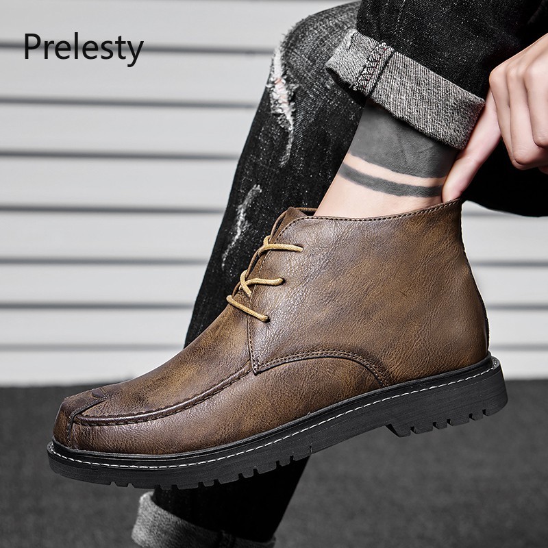 Giày Bốt Da Cổ Cao Thoáng Khí Phong Cách Vintage Cá Tính Cho Nam