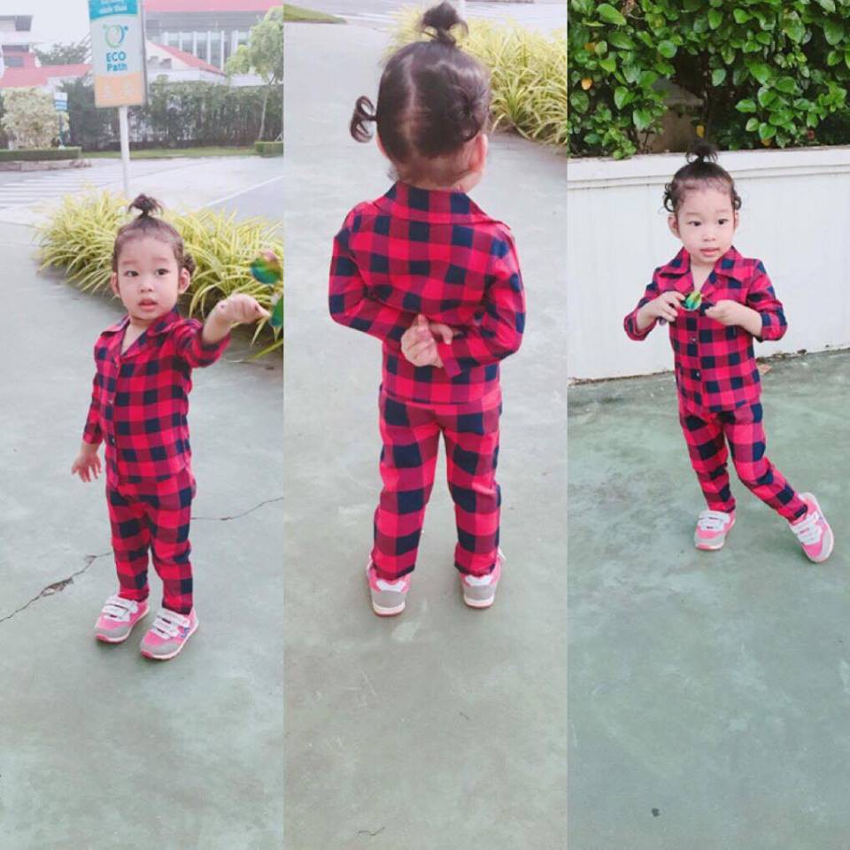 bộ pijama thô kẻ mặc nhà cho bé gái - BTK