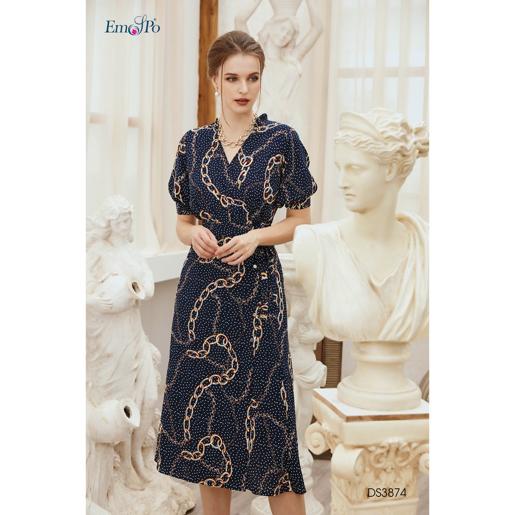 Đầm xòe họa tiết, thắt đai eo, tay bồng phối chun Emspo DM3874 (Tím than, Vàng)