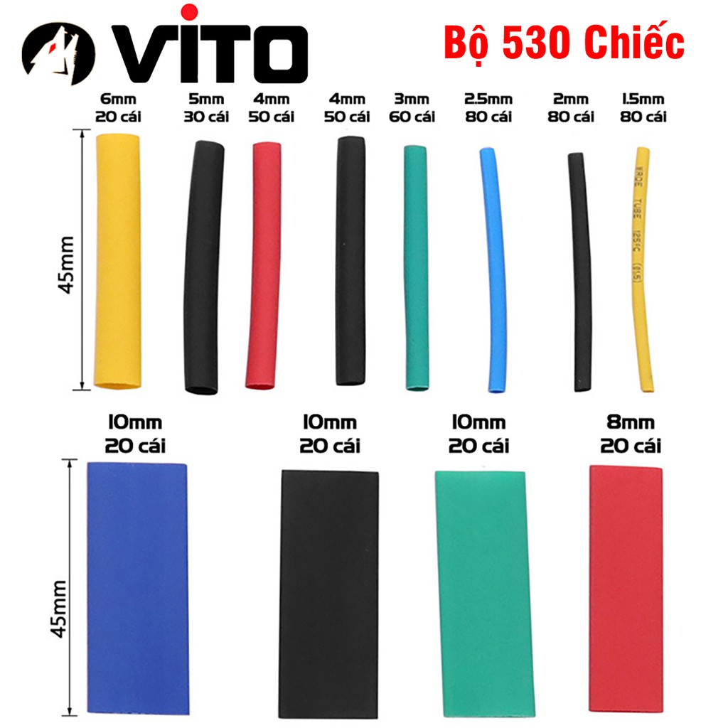 Bộ 328/530 Ống Gen Co Nhiệt VITO Cách Điện Nối Dây Các Kích Cỡ, Màu Sắc