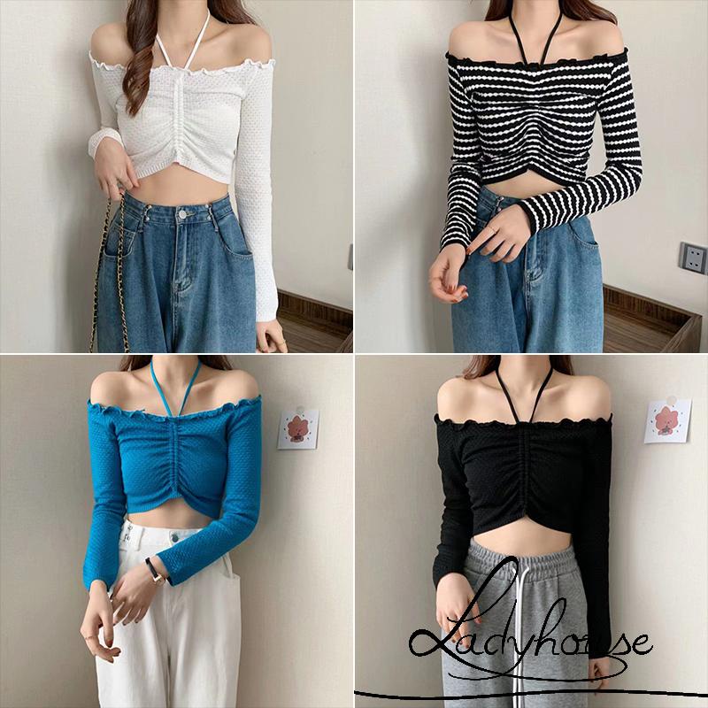 Áo Dệt Kim Ngắn Mỏng Vừa Vặn Cổ Treo Thiết Kế Dây Rút Thời Trang Mùa Thu Mới Cho Nữ