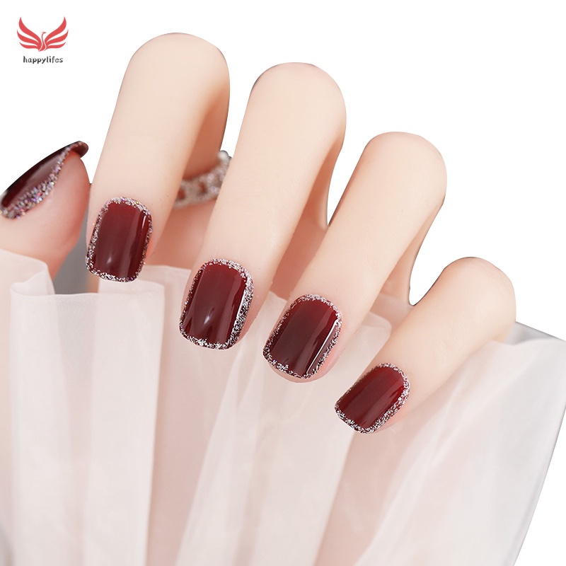 Set 24 móng tay giả màu đỏ rượu vang kiểu Pháp kèm keo dán gel thạch thời trang nghệ thuật