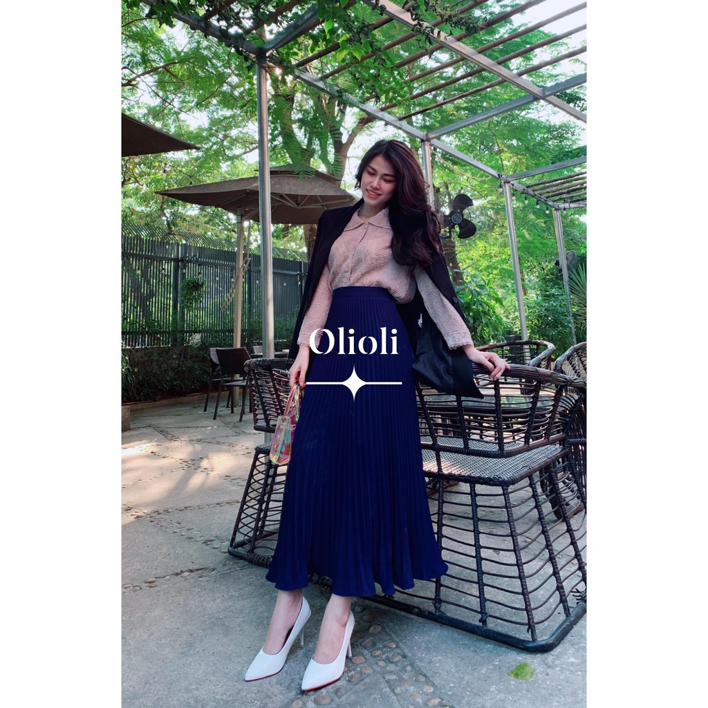 Chân váy xếp ly Olioli Fashion (Vải voan cát, màu xanh navy, )