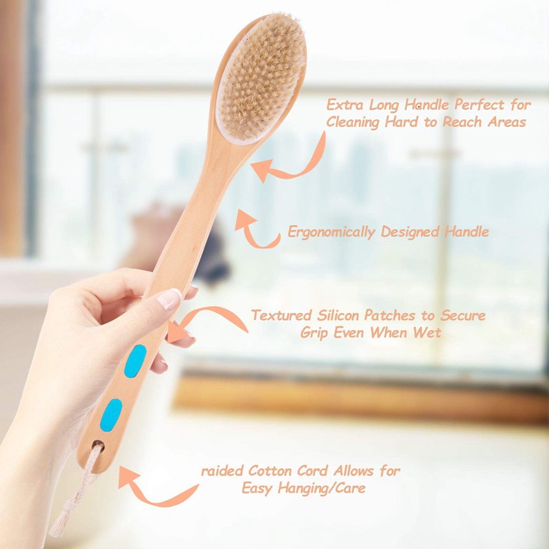 Shower Brush,Back Cleaning Brush Natural Bristles for Dry/Wet Brushes