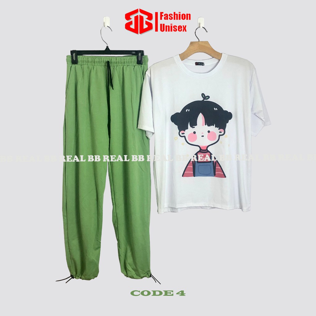 ĐỒ BỘ THUN DÂY RÚT - (Nhiều Mẫu) QUẦN XANH LÁ, ÁO CARTOON From Rộng Unisex , THOÁNG MÁT, Freesize DƯỚI 65KG - BB REAL