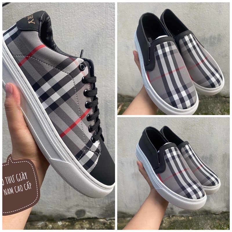 Giày lười slipon buberry nam . Giày thể thao buberry buộc dây kẻ đen kèm hộp