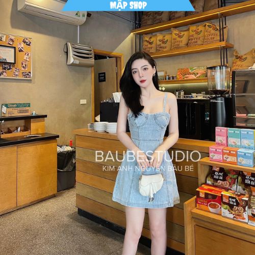 Váy bò giặt mốc hai dây bản to v156