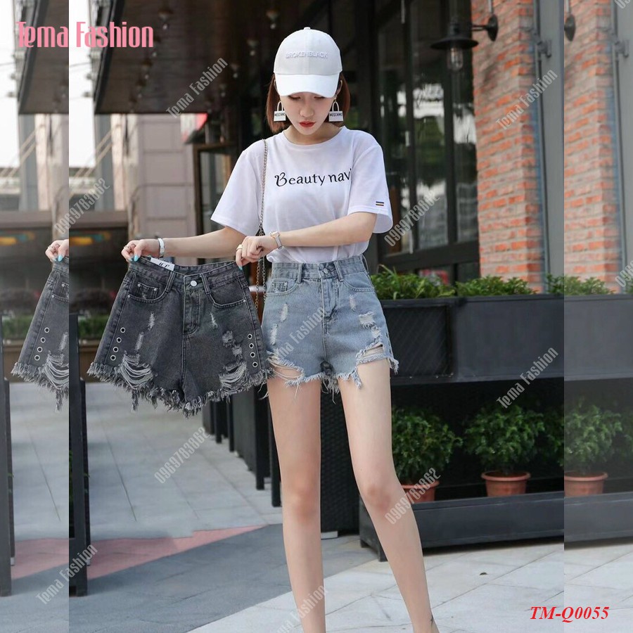 Quần short jean nữ TEMA - Quần đùi nữ jean xanh rách gấu có lỗ cách điệu siêu xinh