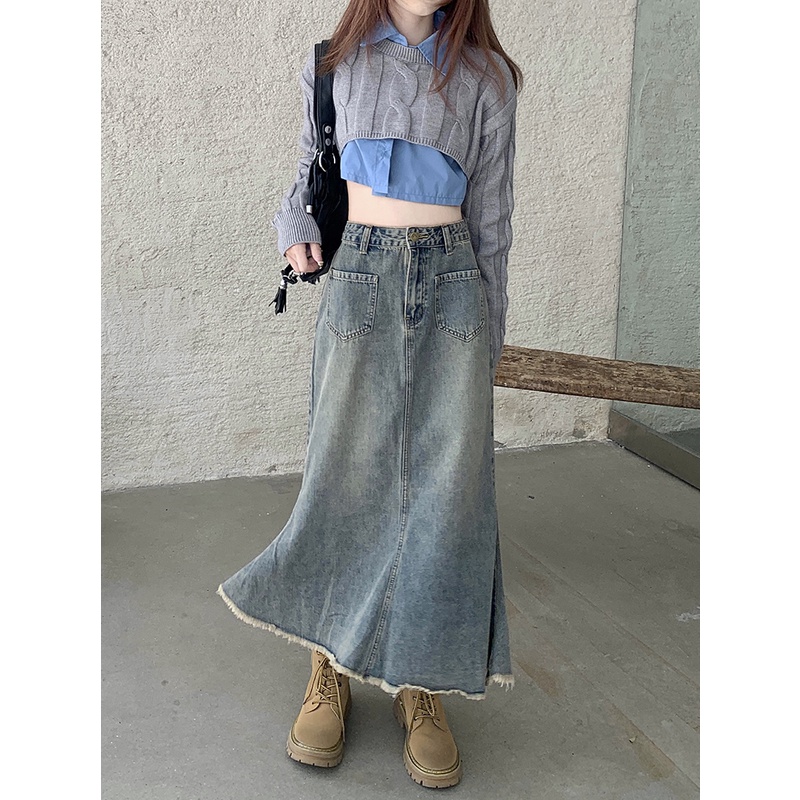 Chân váy jean đuôi cá QKOOLE lưng cao thời trang Hàn Quốc cho nữ