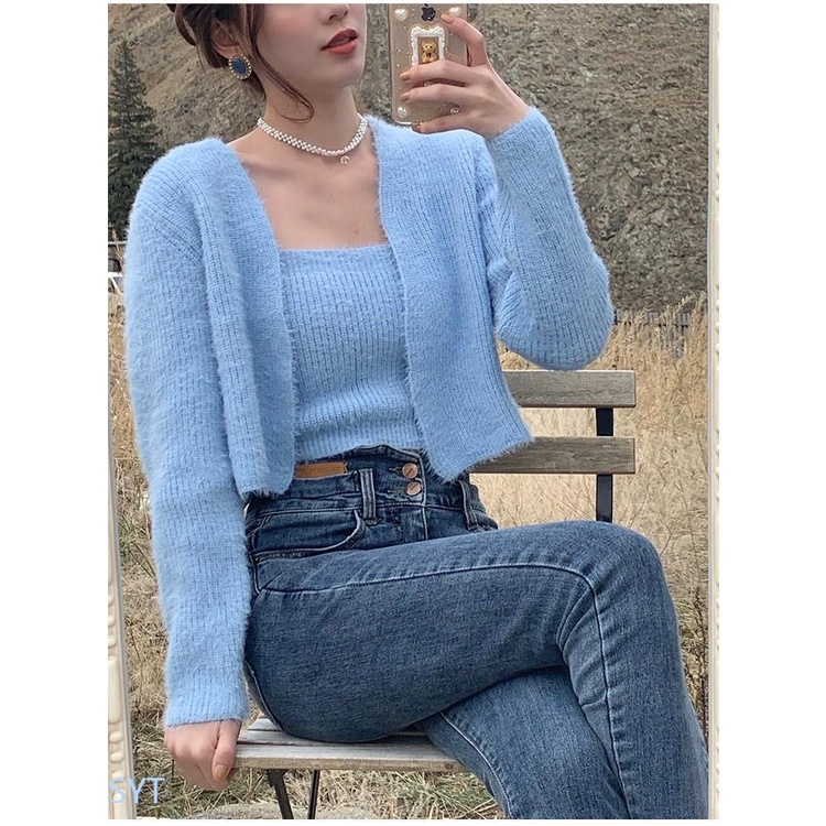 Set áo khoác cardigan giả lông chồn màu sắc thời trang cho nữ