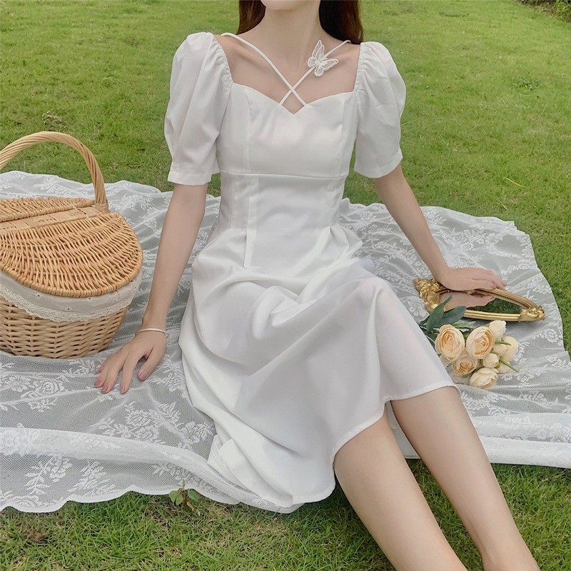 Đầm trắng nữ dáng dài cổ tim, váy trắng nữ tay lỡ chiết li eo dáng dài tiểu thư | BigBuy360 - bigbuy360.vn