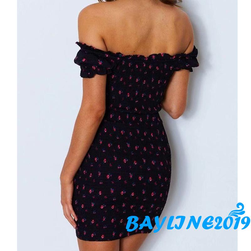 Đầm nữ trễ vai ngắn tay họa tiết hoa thời trang