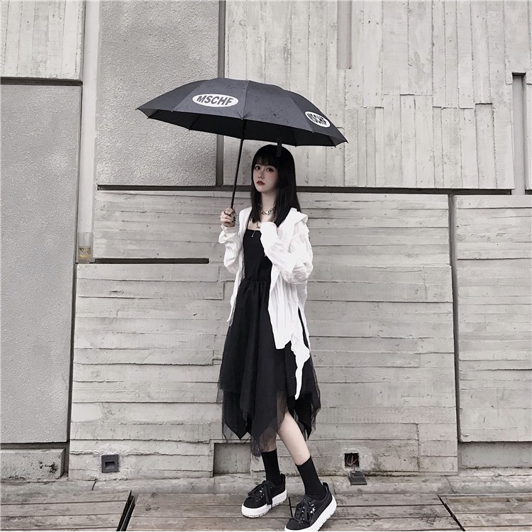 Set đầm dài đen cao cấp 2 dây váy xòe đuôi cá + áo khoác ngoài màu trắng ulzzang