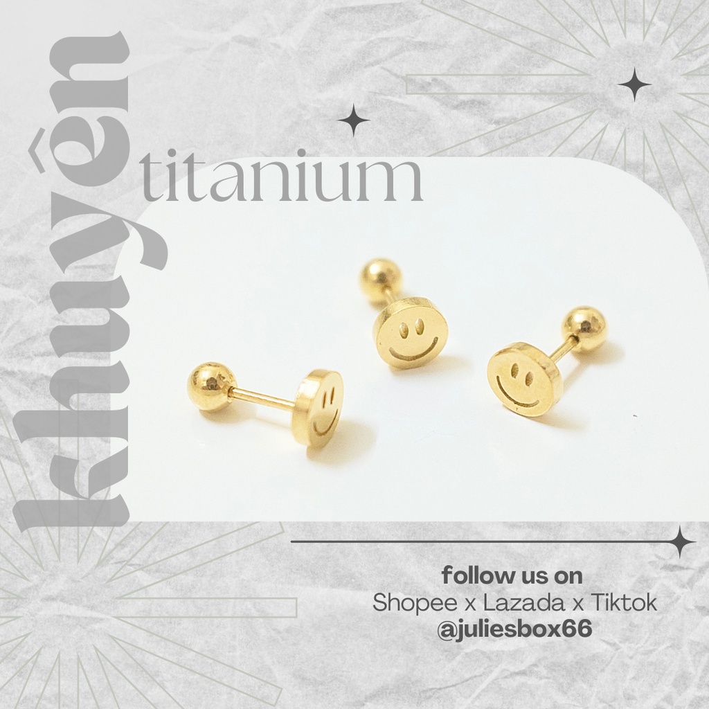 [1 Chiếc] Khuyên Tai Titan Unisex Mặt Cười Smiley Màu Vàng Đuôi Bi Không Gỉ Sét Không Ngứa Bông Tai Julies Box 66