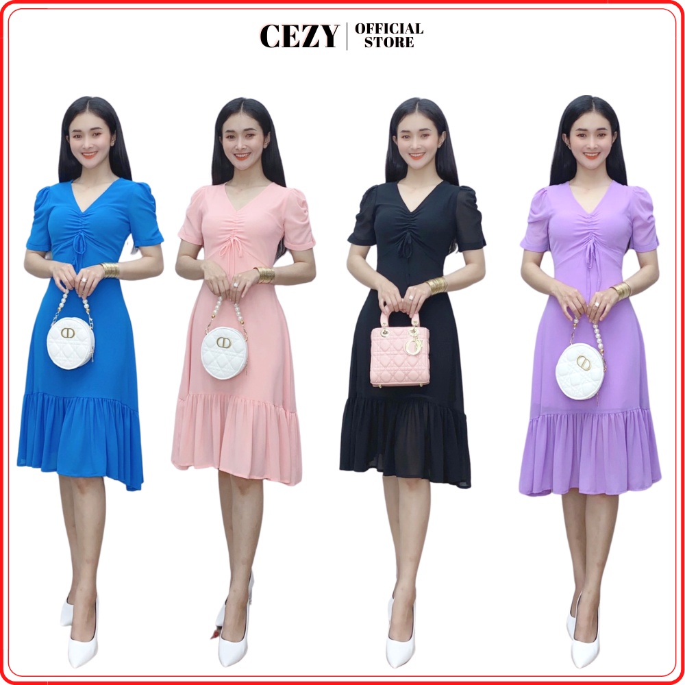 Đầm cổ chữ v tay phồng đuôi cá có size bigsize CEZY D128