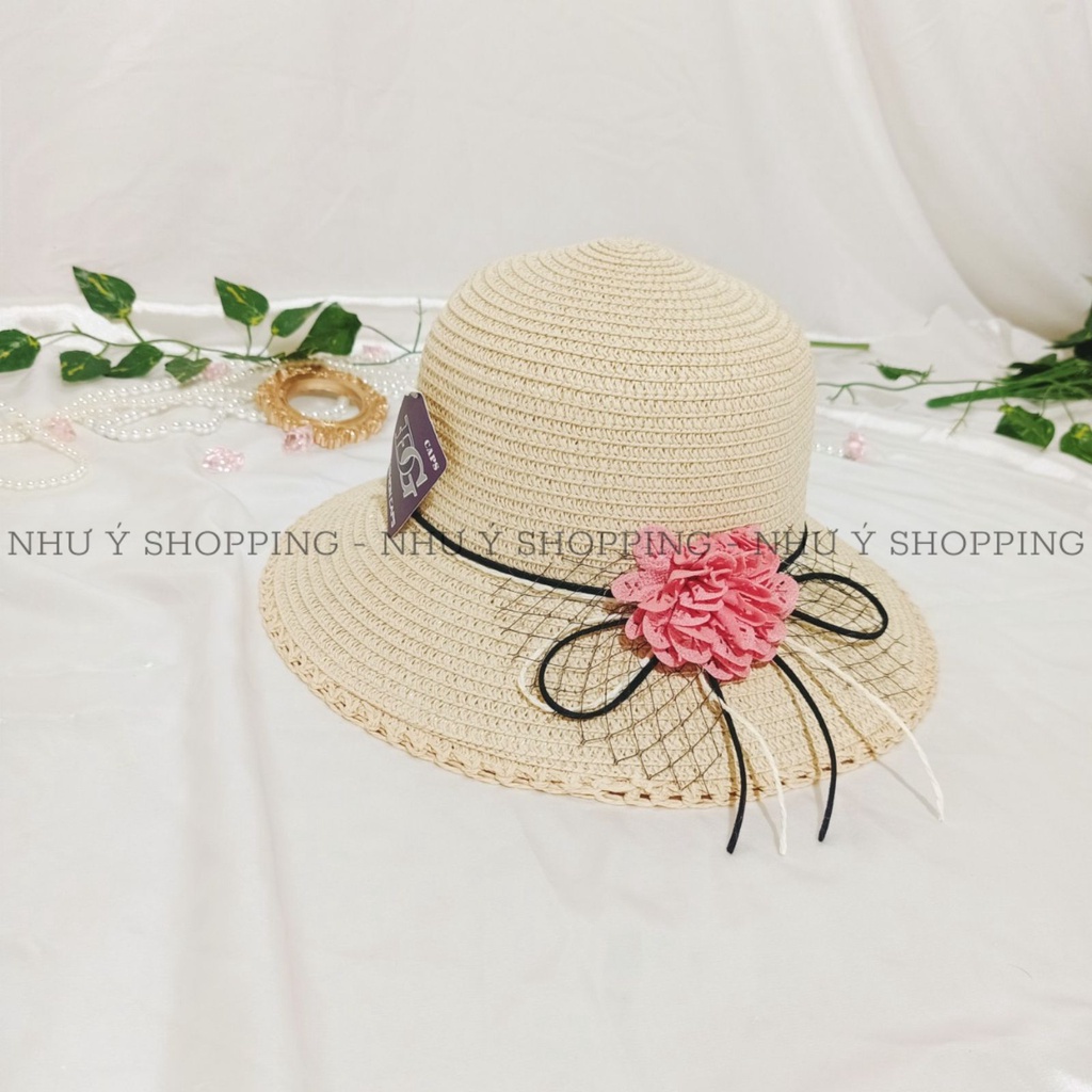 Nón cói,mũ cói nữ đi biển vành nhỏ hoa dập ly kết lưới thần thái ngút ngàn-q12 hoa m.hồng