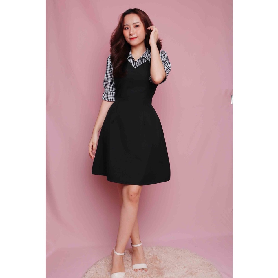 Đầm sơ mi công sở đen tay lỡ caro thiết kế chữ a thanh lịch thời trang trẻ trung đi làm đi chơi eo tôn dáng che bụng