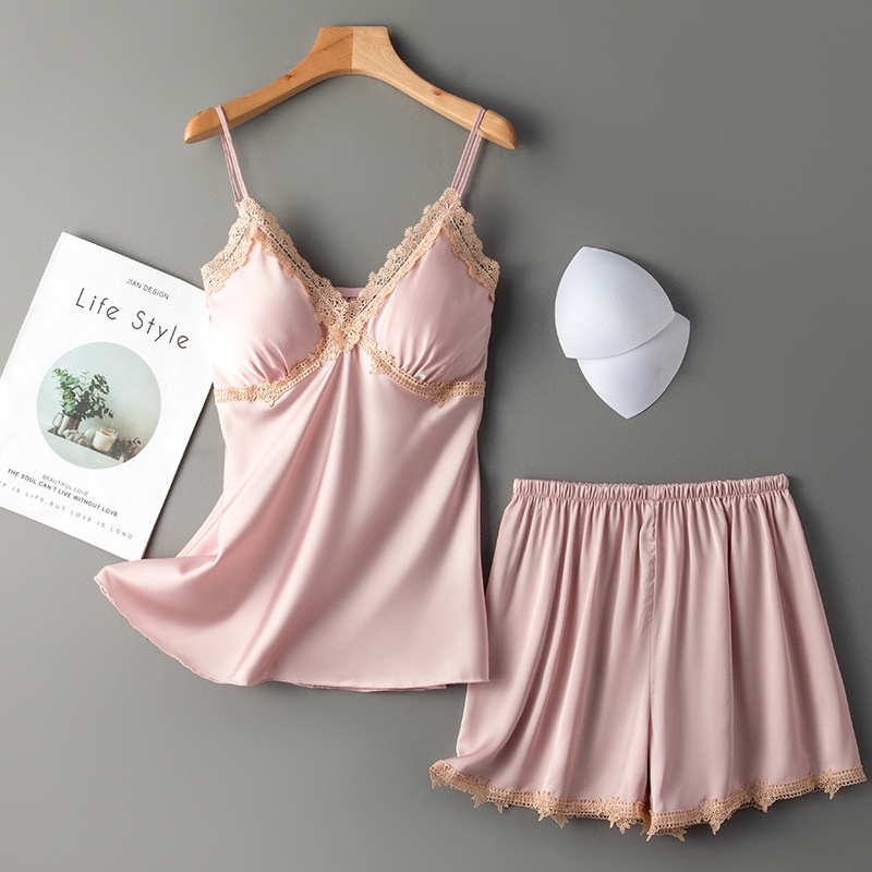 Bộ đồ ngủ vải lụa lạnh phối ren có đệm ngực thiết kế quyến rũ thời trang mùa hè dành cho nữ