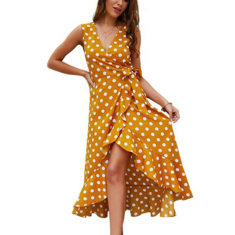 Xiangbao Đầm Cổ Chữ V Xẻ Tà Viền Bèo Nhún Họa Tiết Chấm Bi Vintage Cho Nữ