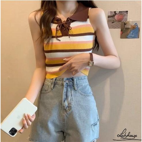 Áo Croptop Hai Dây Dệt Kim Họa Tiết Kẻ Sọc Nhiều Màu Sắc Thời Trang Mùa Hè Cho Nữ