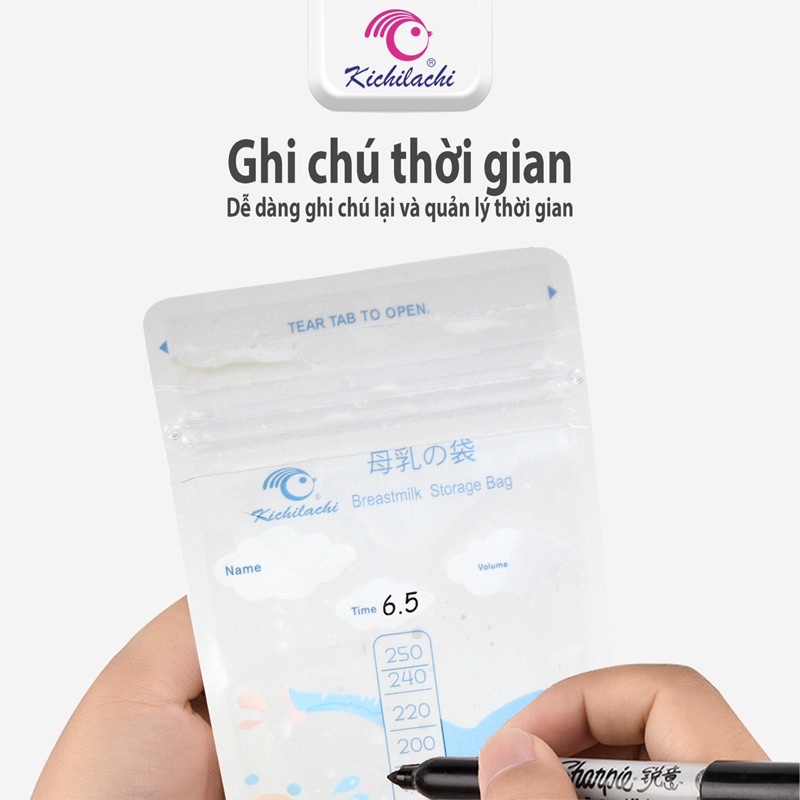 Túi trữ sữa 250ml Kichilachi hình chú voi, túi đựng sữa khóa ziper chắc chắn - 50 Túi/Hộp