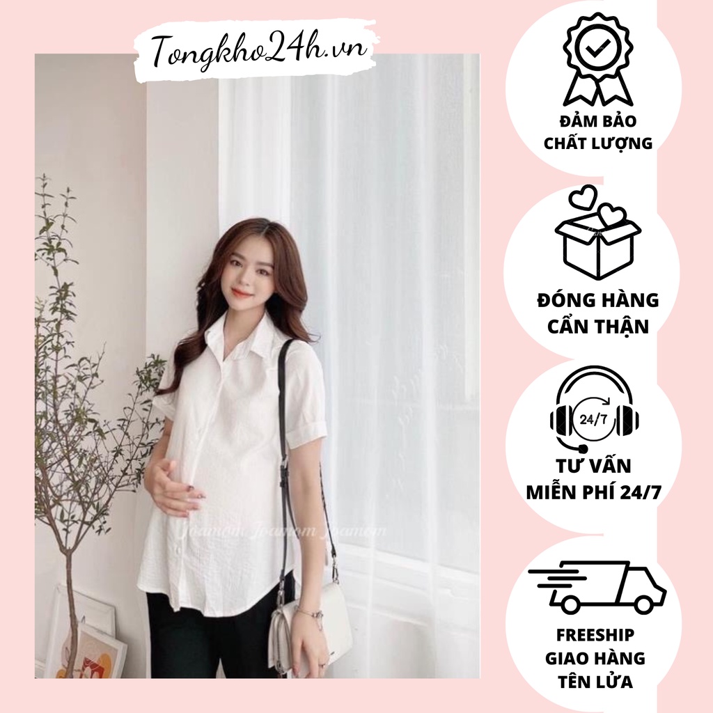 Áo bầu sơ mi nữ trắng rộng công sở kiểu tay ngắn đẹp