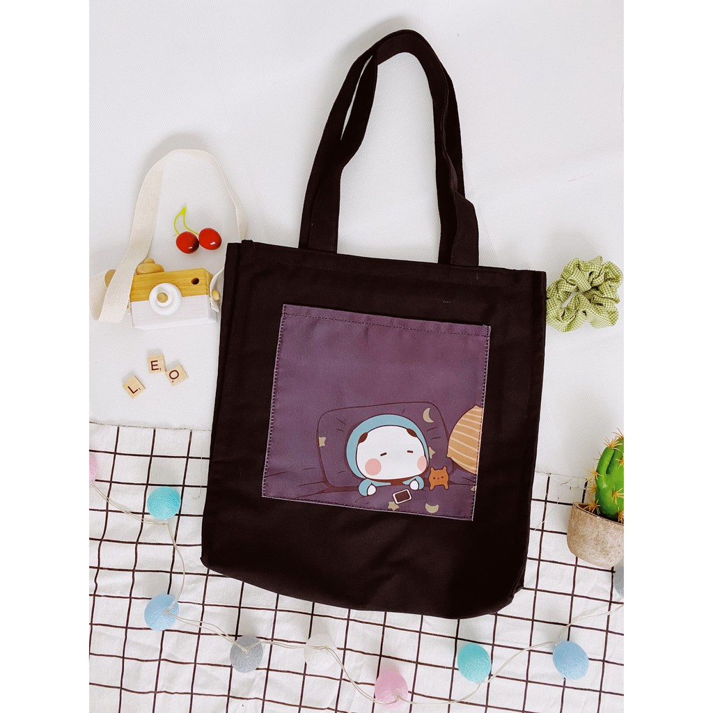 Túi Tote Túi Vải Leo Canvas Đen Đắp Gấu Ngủ