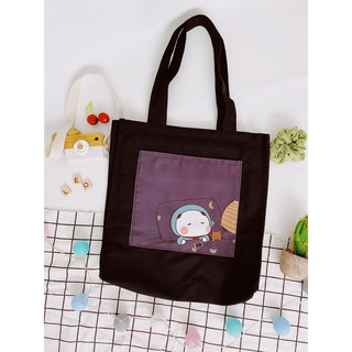 [Hình chụp thật] Túi Tote Túi Vải Leo Canvas Đen Đắp Gấu Ngủ