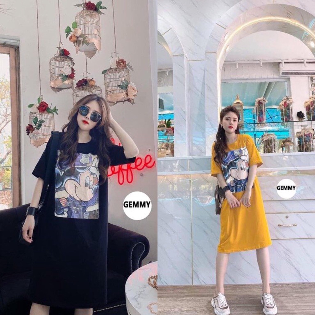 Đầm suông cổ tròn in hoạt hình 3d micky freesize dáng dài hai màu - Váy ngủ xuông cotton from rộng tay ngắn xinh xắn