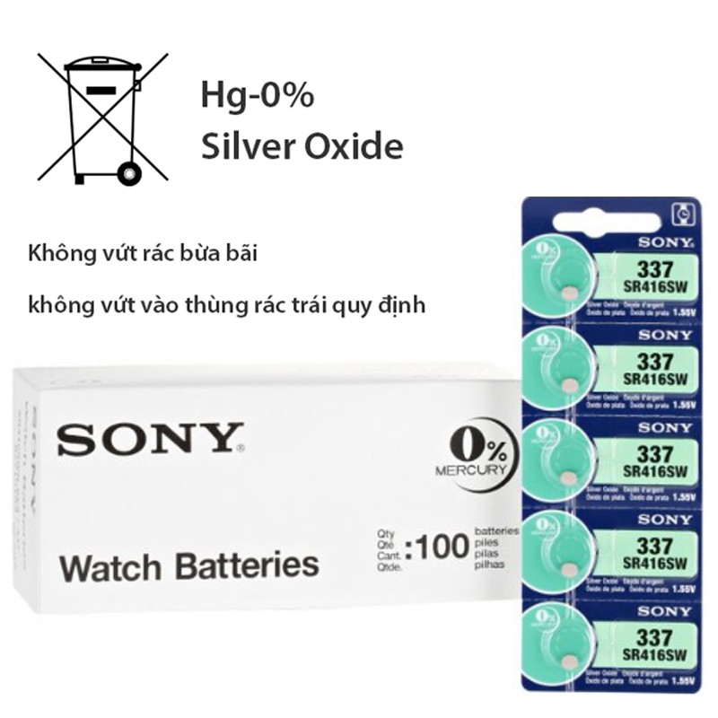 PIN đồng hồ 337 V337 SR416SW Sony 1.55V-50mAh Oxit bạc (bán 1 viên)