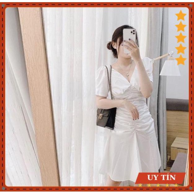 Đầm trắng,váy cổ V nhún thân bèo đuôi cá Eva_home_fashion