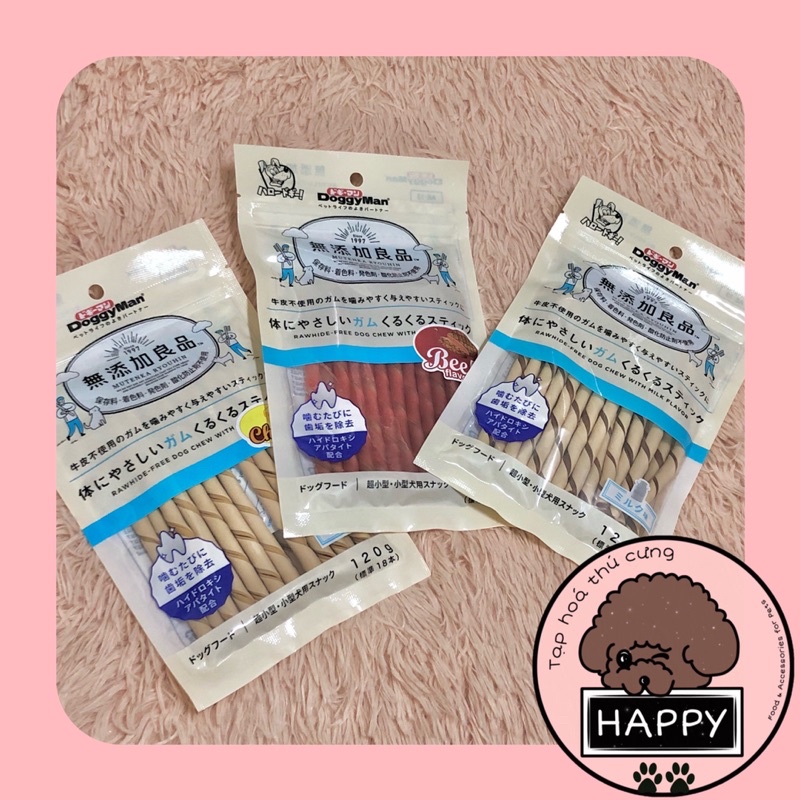 Que gặm xoắn DoggyMan cho chó vị phô mai, sữa, bò 120gr / Bánh thưởng thanh dài Doggy Man cho cún 120g [Ảnh thật]