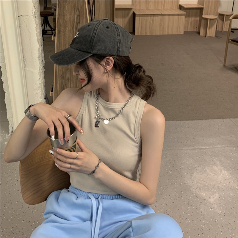 Áo Croptop Sát Nách Cổ Tròn Màu Trắng/Đen/Xám Nhỏ Phong Cách Mỹ