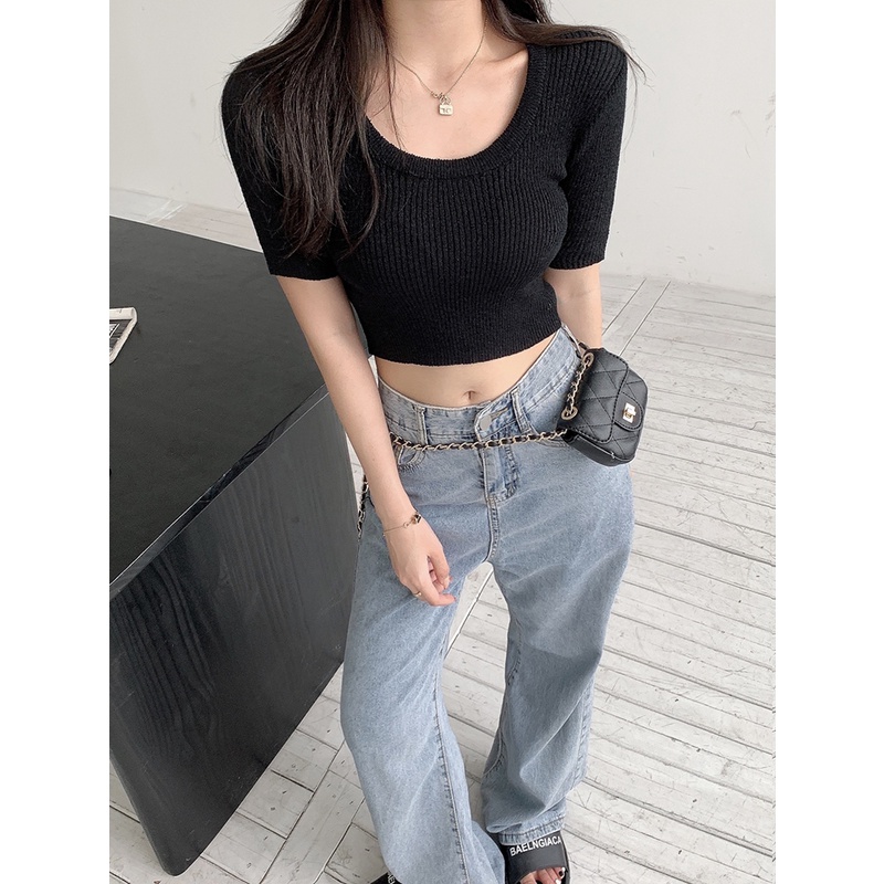 QADCOL  Áo Thun Croptop Tay Ngắn Cổ Chữ U Eo Cao Thời Trang Cho Nữ