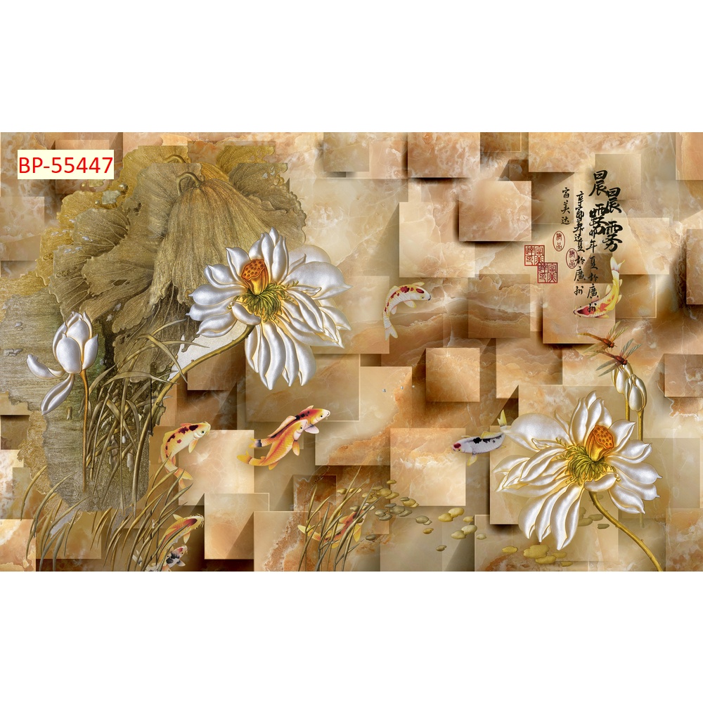 Tranh dán tường 3D Cá Chép và hồ sen nhiều mẫu mã lựa chọn