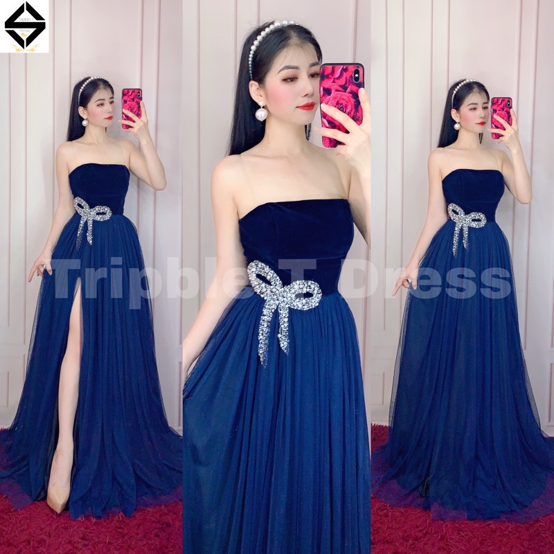 Đầm maxi dự tiệc cúp xẻ đùi kết cườm nơ lấp lánh eo TRIPBLE T DRESS - size S/M/L - MS204Y