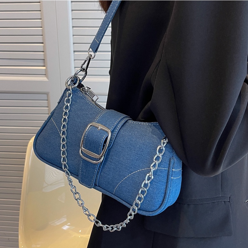 Túi đeo chéo JASMIN NOIR denim nắp gập phối dây xích cho nữ