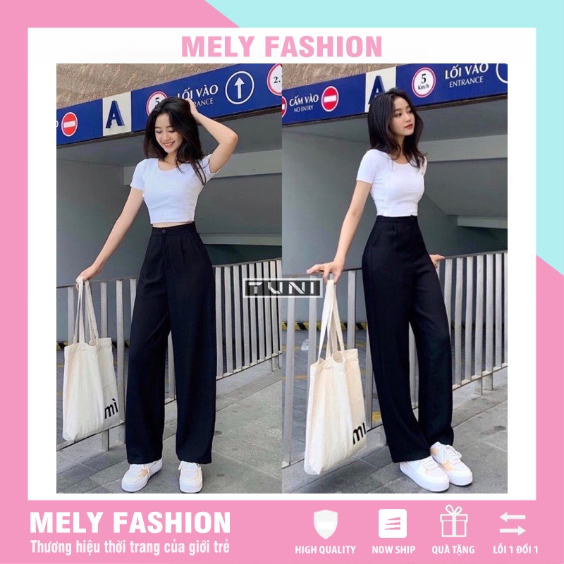 Quần suông ống rộng nữ cạp cao đen trắng khoá trước đi làm mặc nhà có bigsize trẻ trung năng động Mely Fashion QD01