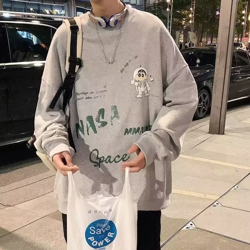 Áo Nỉ Cổ Tròn Oversize In Họa Tiết Hoạt Hình Phong Cách Hip Hop Đường Phố Nhật Bản Cho Nam Cỡ M-5XL