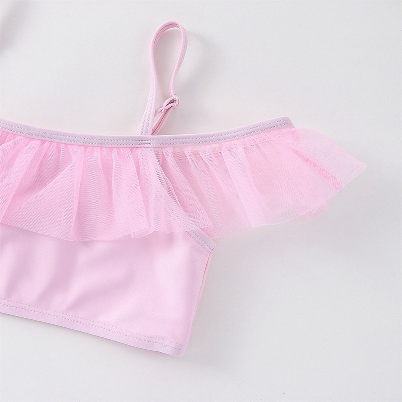 Bộ Đồ Bơi Hai Mảnh Phối Ren Bèo Màu Hồng Mẫu Mới 2022 Dành Cho Bé Gái