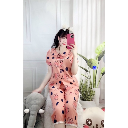 Đồ ngủ ngố lửng mặc nhà hoạ tiết bò sữa cổ sen siêu xinh mát mặc hè