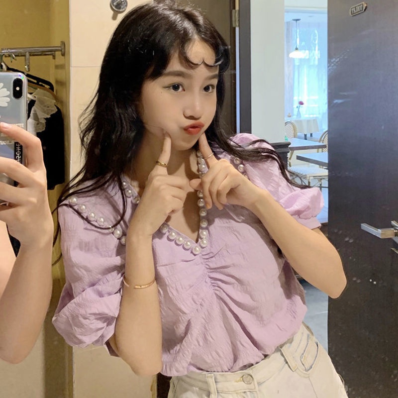 Áo Sơ Mi Tay Phồng Cổ Chữ V Đính Ngọc Trai Thời Trang Mùa Hè Hàn Quốc 2022 Mới
